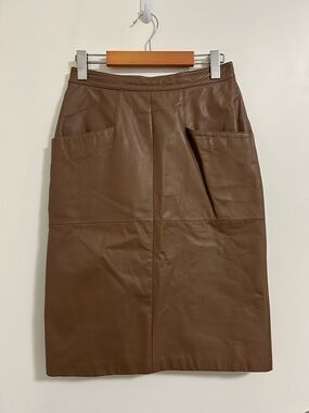 Vintage Yessica Cowhide Leather Midi Pencil Skirt Brown Size 38 High Waisted